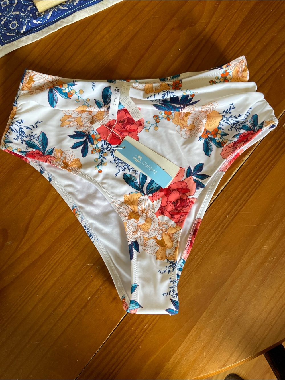 Cupshe White Floral Bikini Bottom with Red, Blue, and Yellow Flowers - M